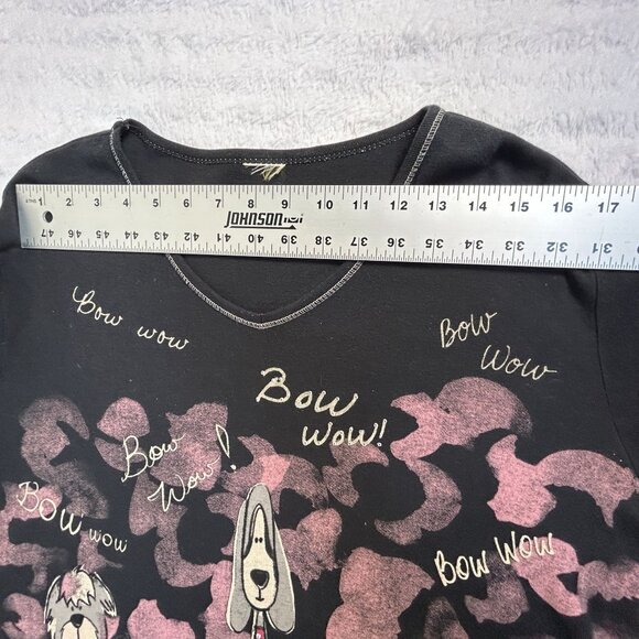 Womens Black "Bow Wow" Dog Print Long Sleeve V-Neck Top Multicolor Casual Basic - Picture 7 of 9